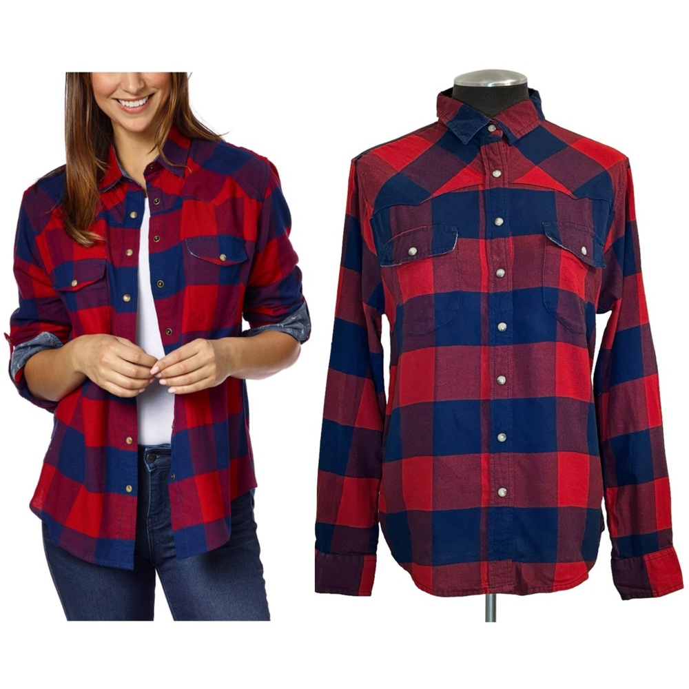 JACHS Girlfriend Red and Blue Plaid Button Down Shirt